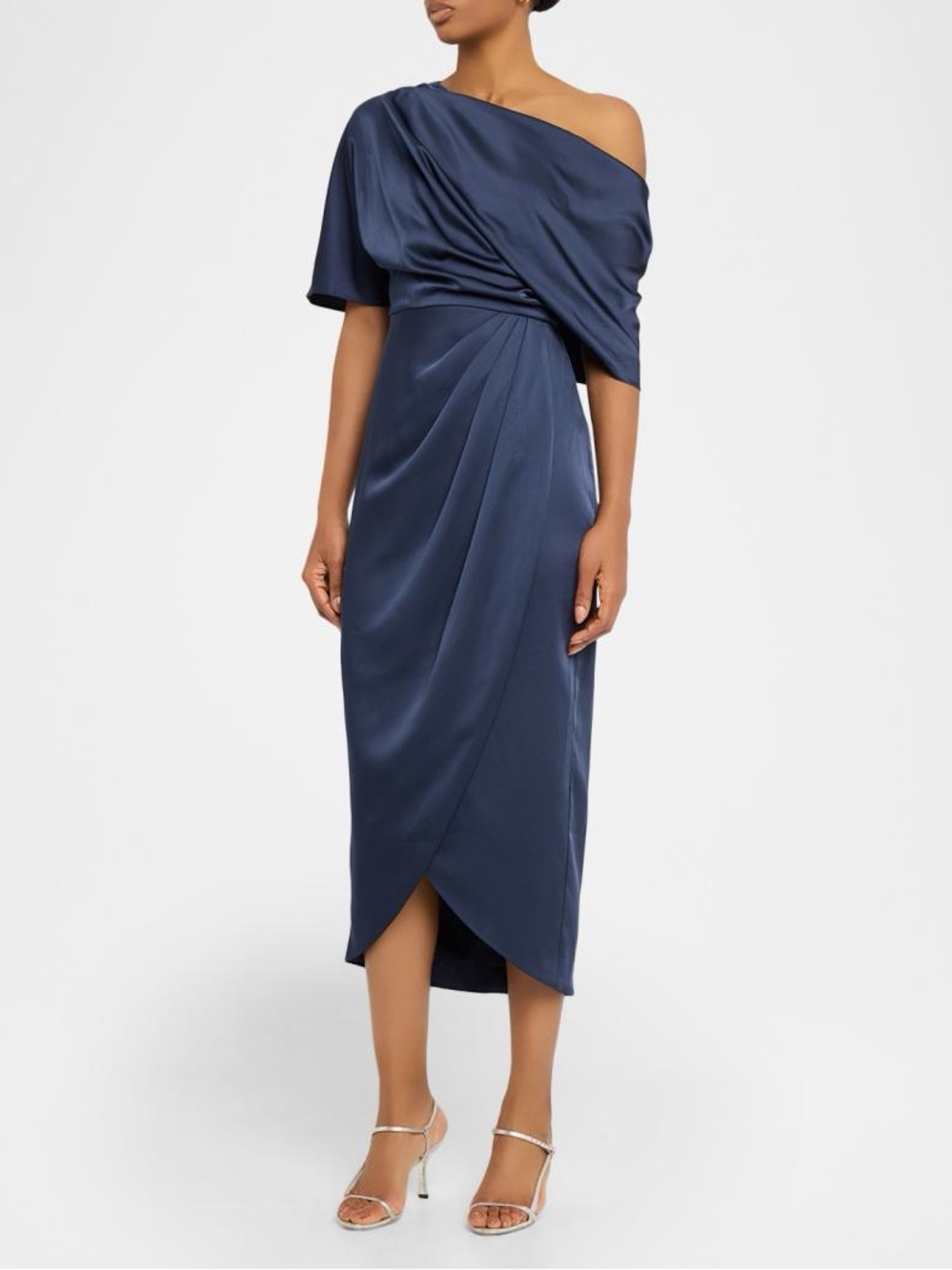 Theia Rayna Draped One-Shoulder Navy Satin Midi Dress